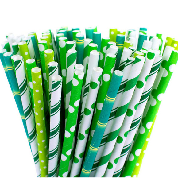 fun patterns green Biodegradable paper party straws - Picture 2 of 5
